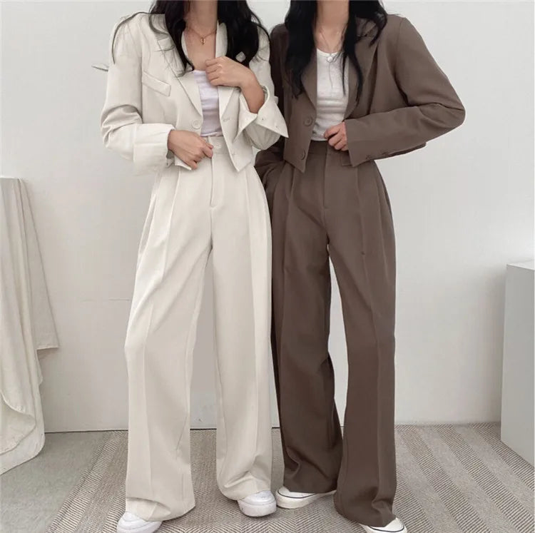 Suit Coat 2 Piece Set Women Blazer Jacket Straight Pants Ensemble Single Breasted Turn Down Collar Trousers Office Lady Outfits
