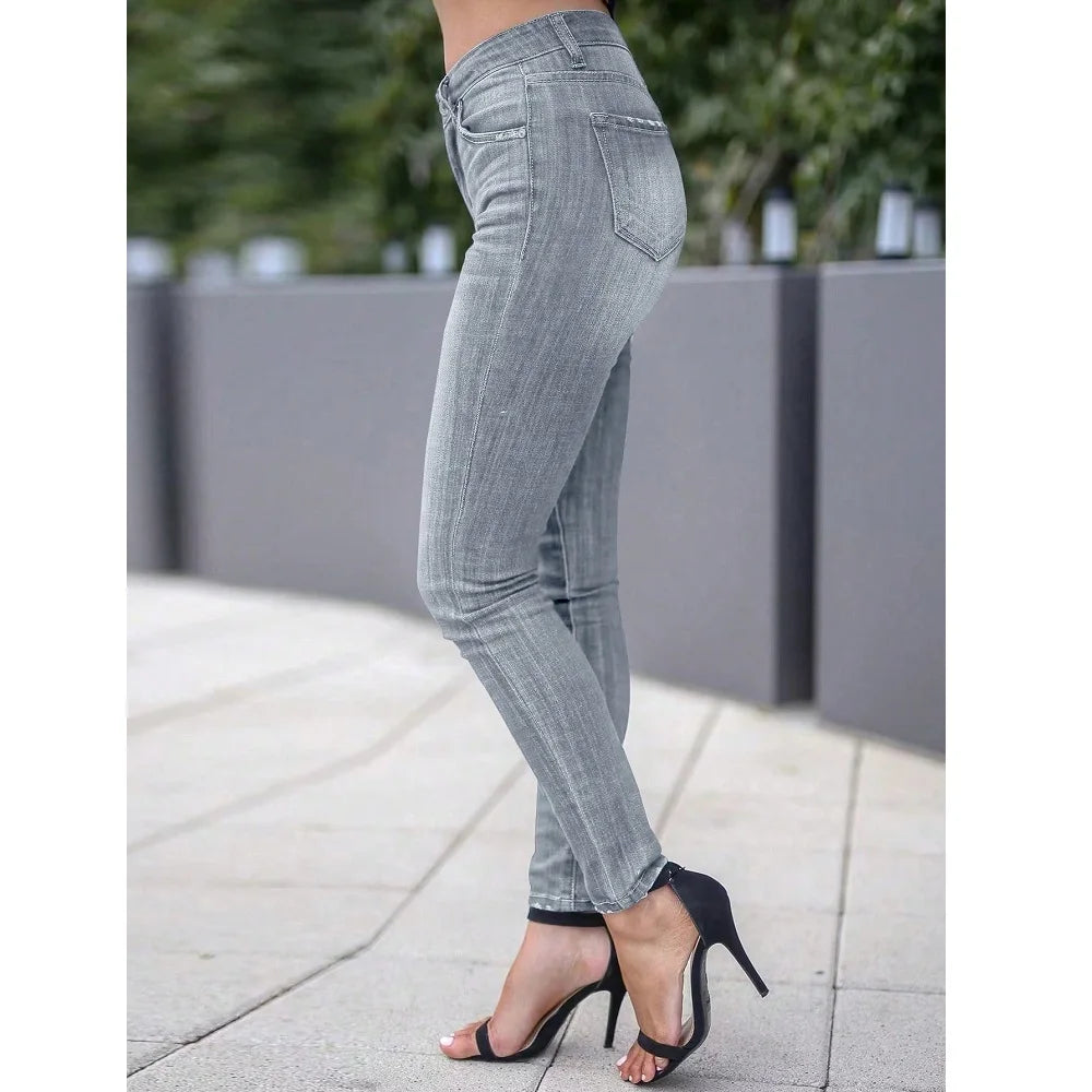 Women Newest Slim Stretch Jeans Solid Color Skinny Pencil Pants Ladies Full Length Denim Jeans