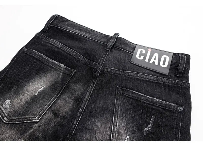 Street Fashion Men's Tight Black Grey Jeans Retro Elastic Slimming Split Style Jeans Men's Retro Designer Brand Jeans Hombre
