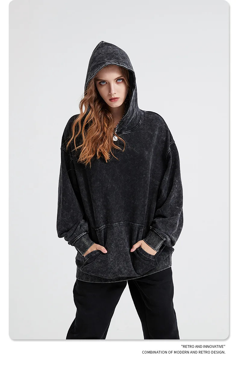 100% Cotton Men's Clothing Vintage Black Acid Wash Hoodies Men Women Oversized Hip Hop Sweatshirts Casual Pullover Y2K Clothes