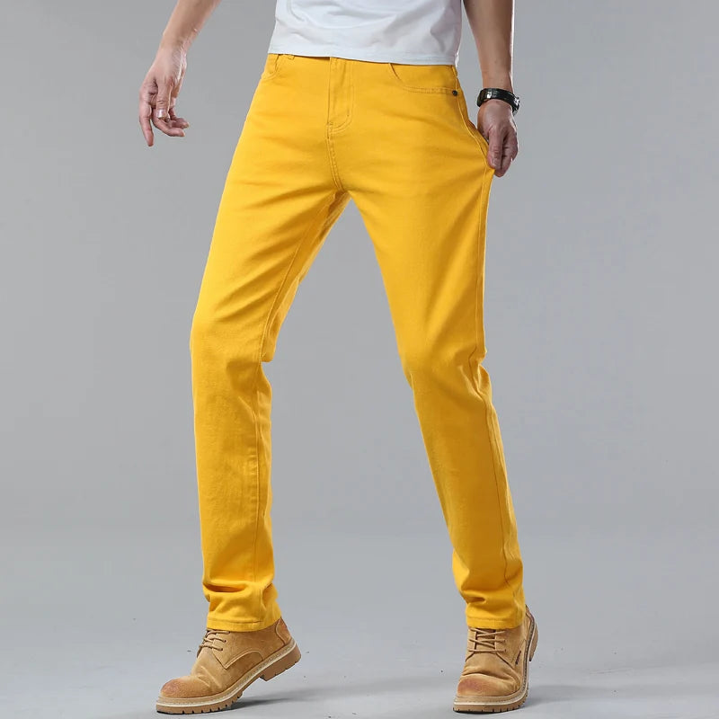New Autumn Men's Yellow Pink Red Slim Jeans Classic Straight Elasticity Denim Pants Male Brand Stretch Skinny Colorful Trousers