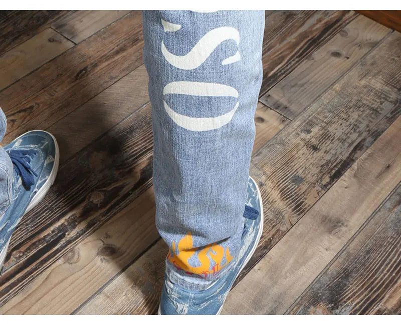 Designer Fashion New Men's Jeans Letter Printed Washed Nostalgic Stretch Slim Fit Retro Light Blue Jeans Hip Hop Brand High Qual