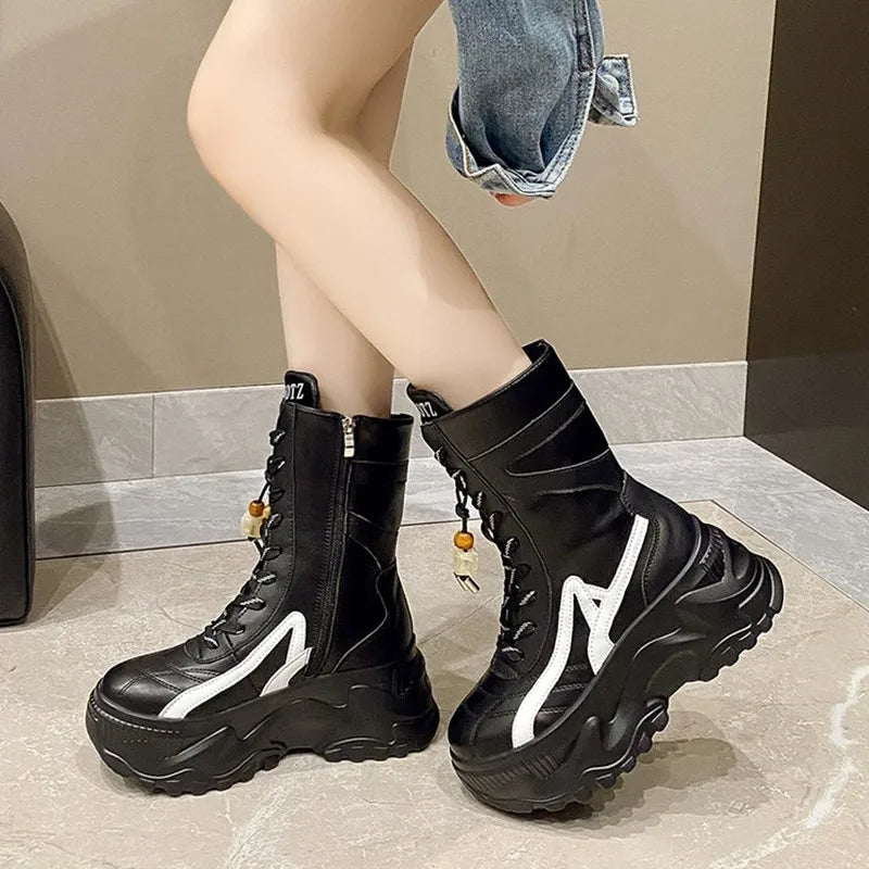 NEW Luxury Chunky Platform White Motorcycle Boots Women Lace Up Thick Bottom Ankle Boots Woman Autumn Fashion Vulcanized Shoes
