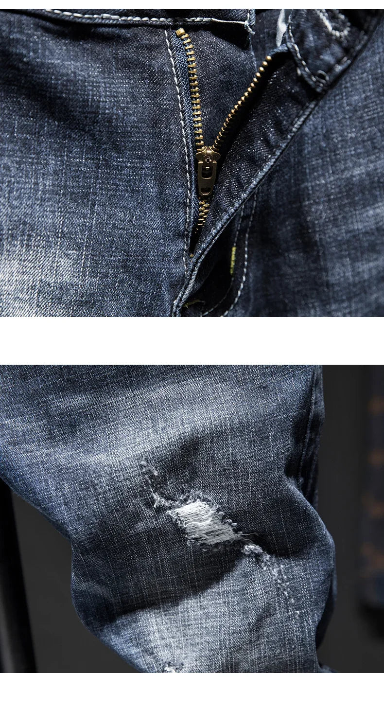 Men's Ripped Jeans Streetwear Personality Trendy Korean Fashion Slim Beggar Holes Denim Pants Stretch Casual Male Trousers