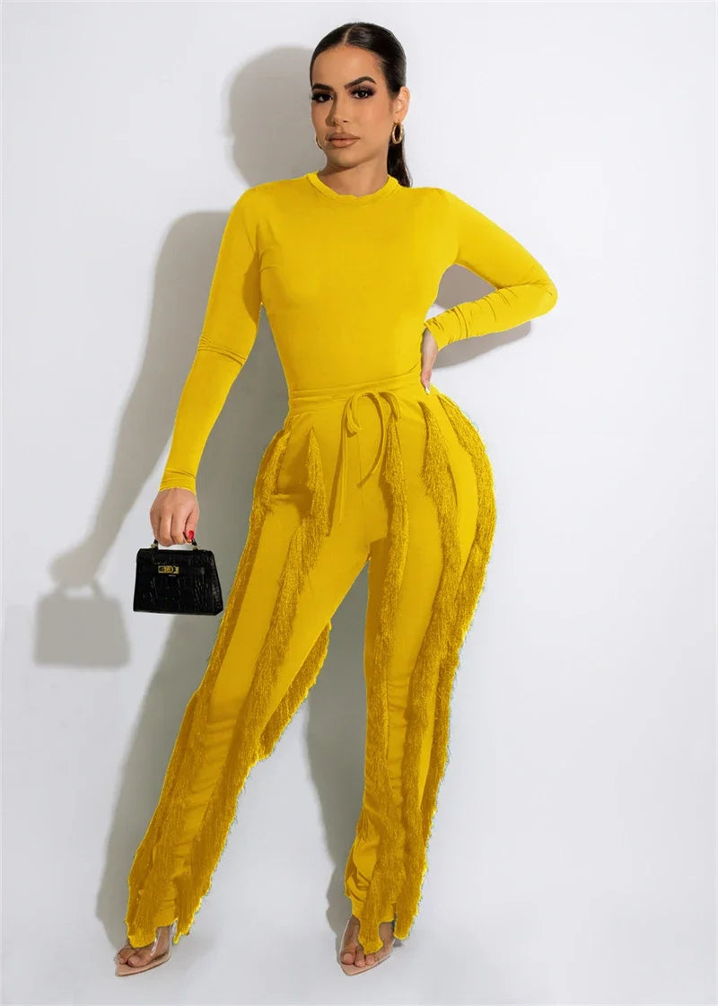 Elegant 2 Piece Sets Women Outfit 2025 Fall Winter Long Sleeve Bodysuit Top and Tassel Pants Matching Sets Ensembles Pantalons