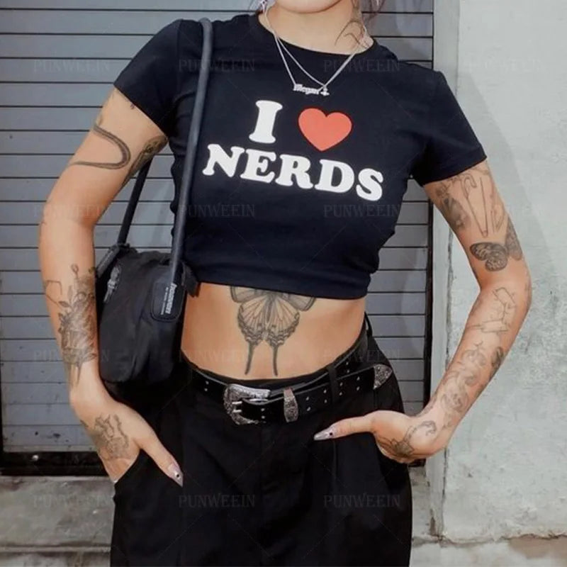 y2k Girls Summer vintage Crop Tops Harajuku Punk I love Nerds Graphics Women T Shirt Short Sleeve Streetwear Sexy Slim Baby tees
