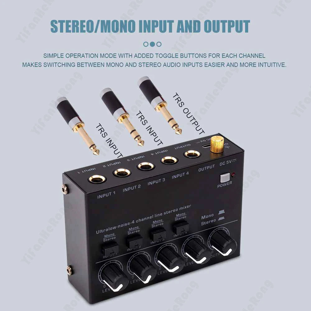 MAX400 Audio Mixer Mini Stereo Mixer Ultralow Noise 4 Channels Mixers Mixing Console DC5V for Electric Guitar Drum Piano