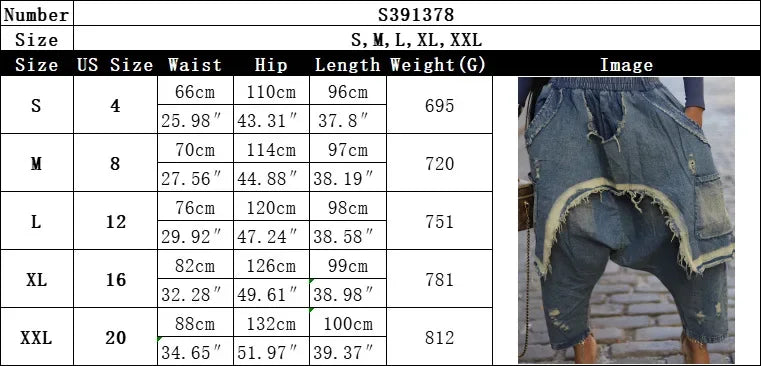 Women Jeans Harem Pants Hip Hop Punk Denim Pant Hole Elastic Waist Washed Distressed Pockets Streetwear 2025 Ripped Trousers