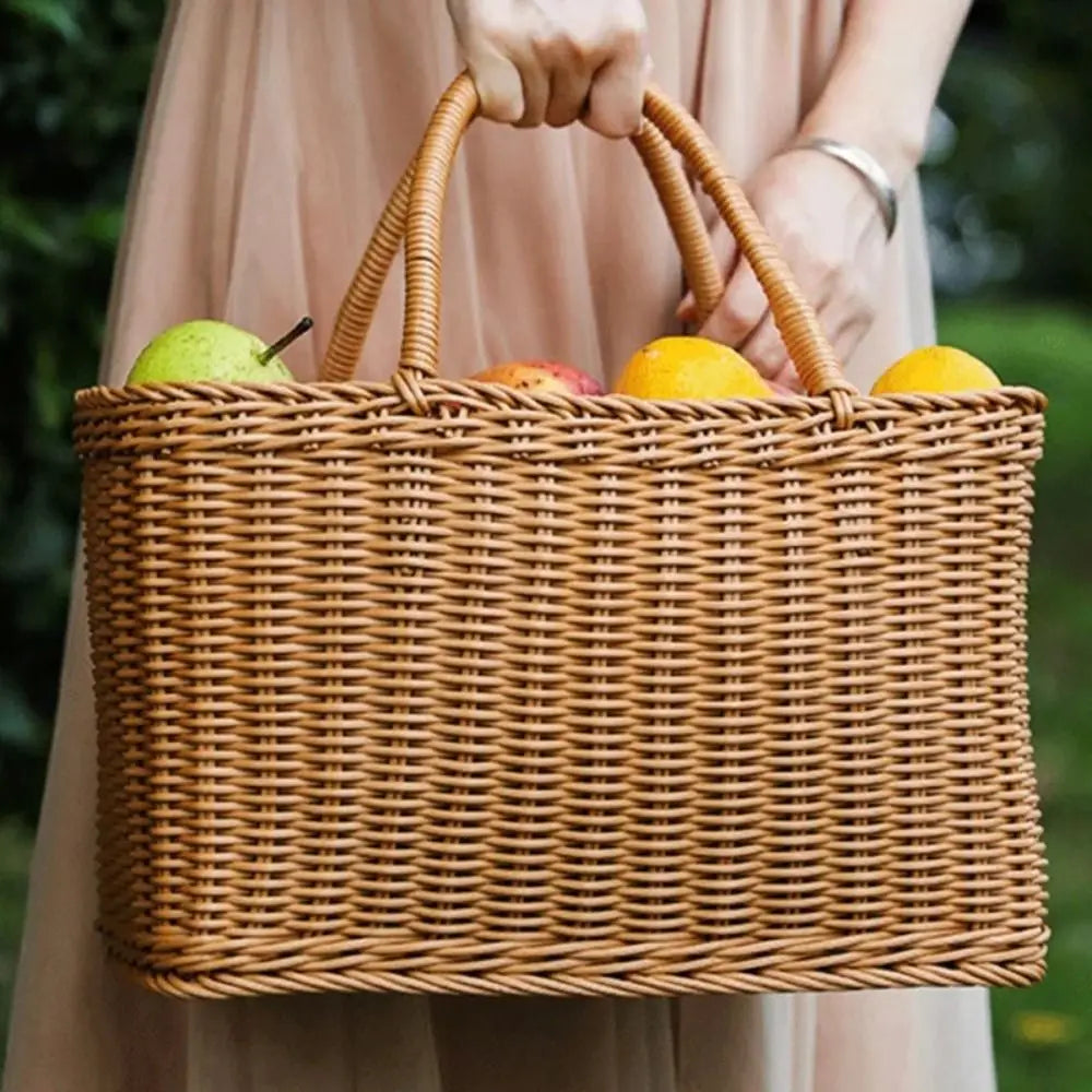 Home Storage Organizer Rattan Woven Basket With Handle Rectangular Picnic Basket Handwoven Portable Flower Basket Fruit