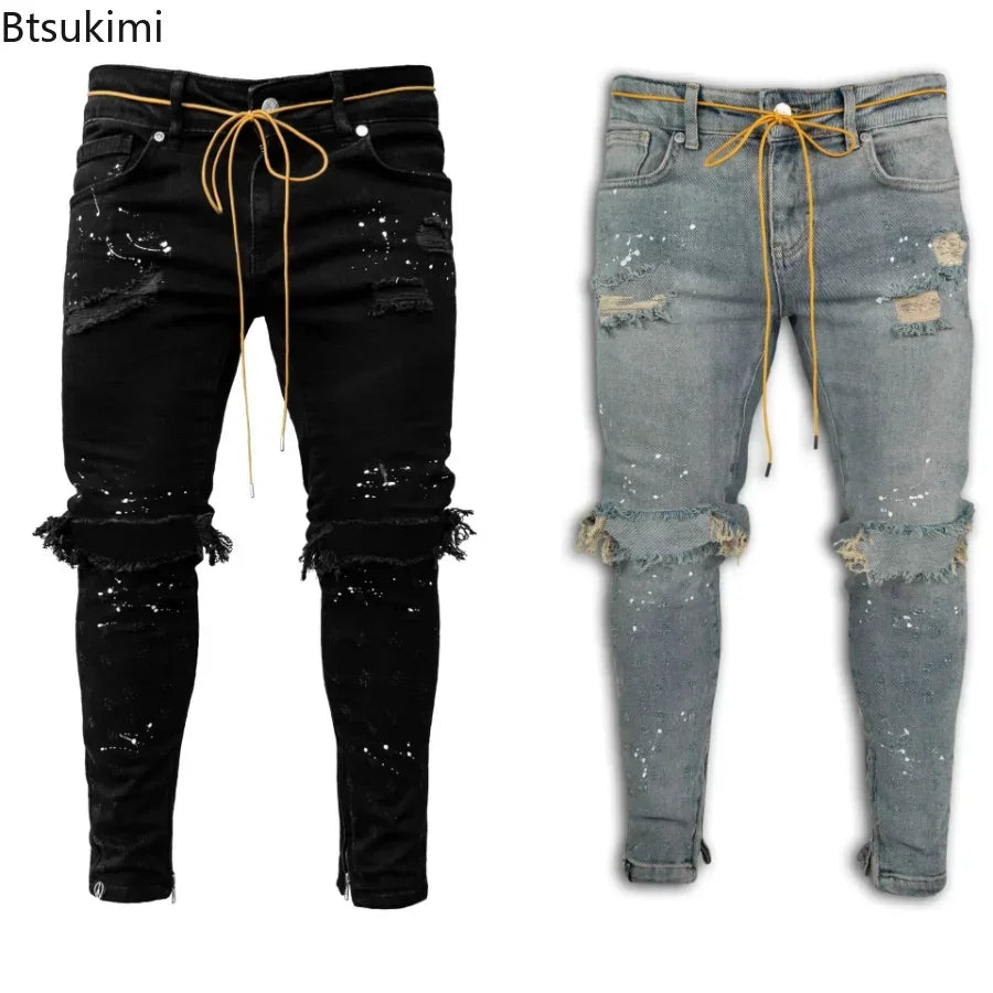 New 2026 Ripped Hole Jeans for Men Hip Hop Cargo Pant Distressed Denim Jeans Skinny Men Clothing Full Length Slim Trousers Male