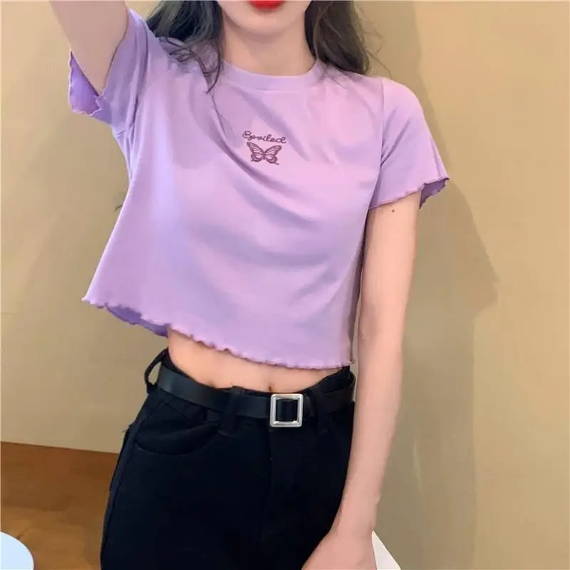 Y2K Crop Top T-shirt Women O-neck High Waist Slim Crop Top Butterfly Embroidered Short-Sleeved Tee Shirt T-shirts  Woman Clothes