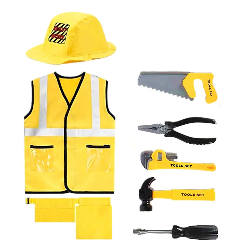 Toddler Construction Worker Vest Costume, Worker 5 Piece Playset, Yellow Reflective Vest with Tools, Party Dress Up