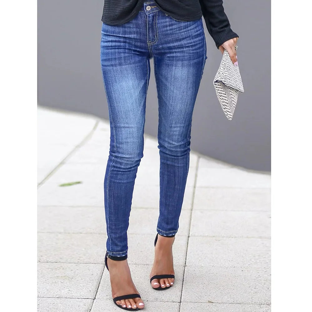Women Newest Slim Stretch Jeans Solid Color Skinny Pencil Pants Ladies Full Length Denim Jeans