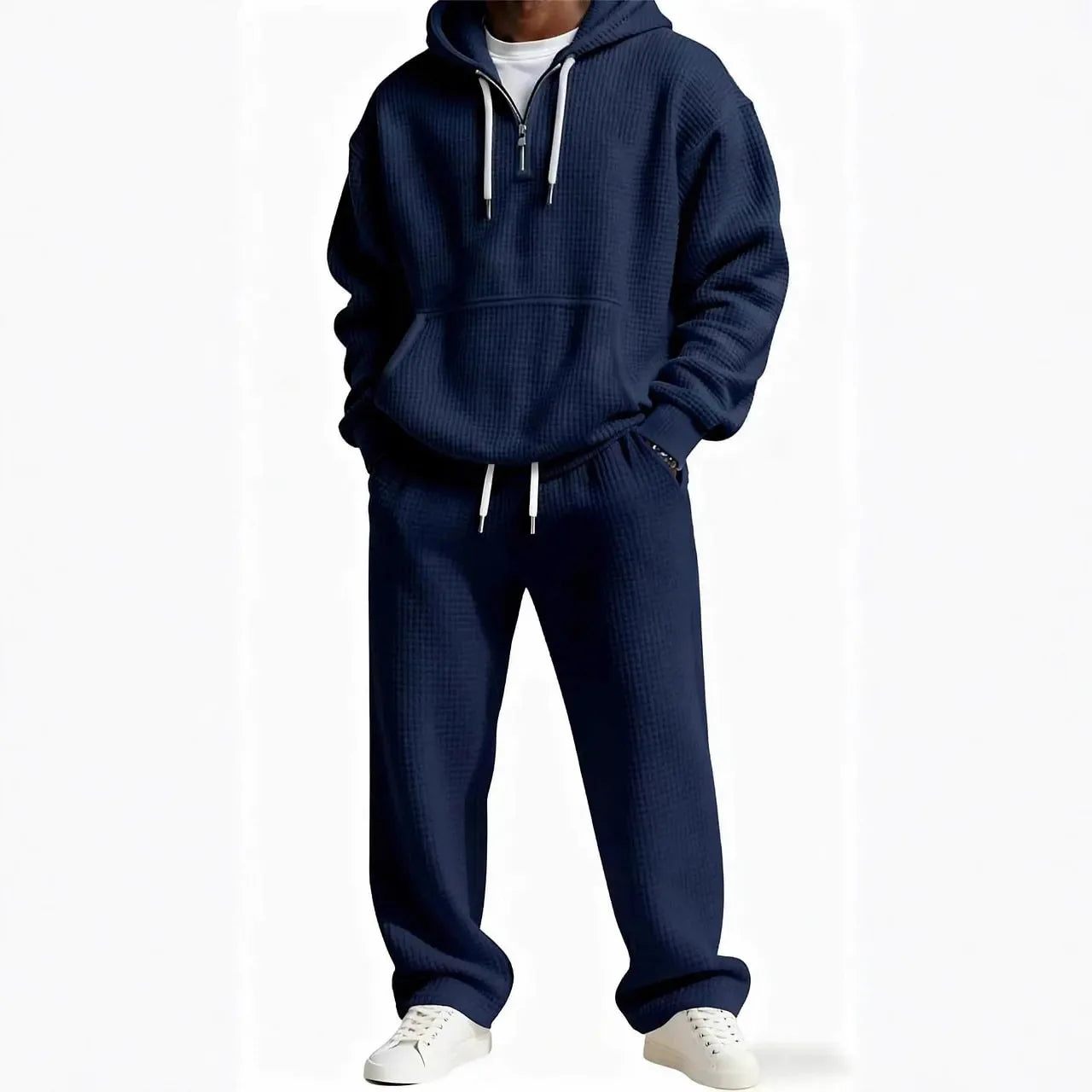 Autumn and Winter Waffle Hooded Sweatshirt Sweatpants Set 3D Printed Casual Sports Suit Men