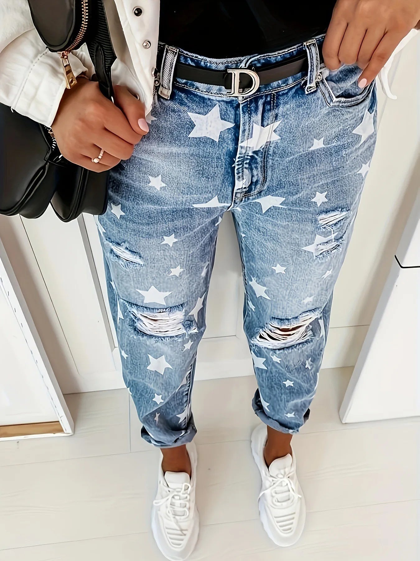 New Boyfriend Jeans Women's Slim Fit Ripped Jeans Fashion Women's Five-pointed Star Ripped Jeans Street Casual Blue Jeans 2025