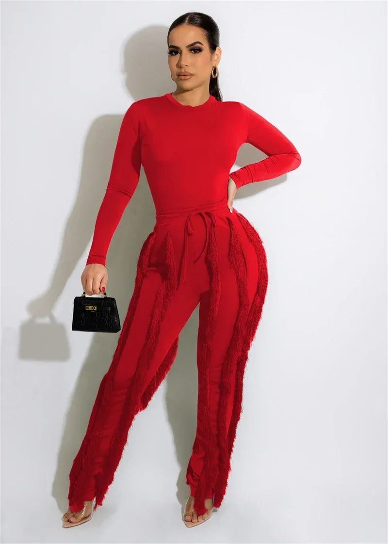 Elegant 2 Piece Sets Women Outfit 2025 Fall Winter Long Sleeve Bodysuit Top and Tassel Pants Matching Sets Ensembles Pantalons