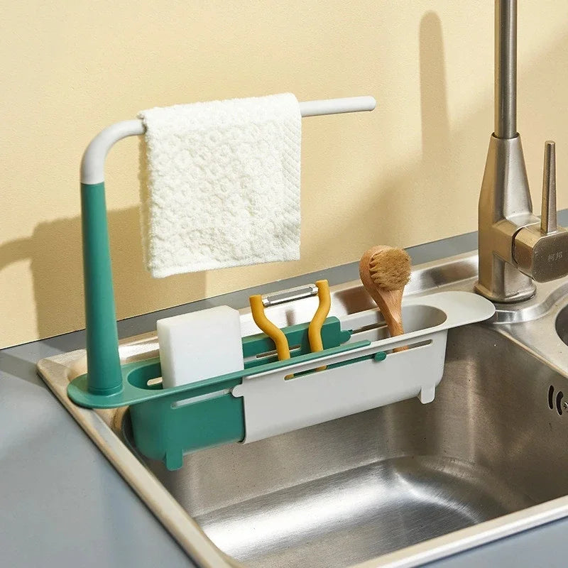 Kitchen Telescopic Sink Organizer Rack Telescopic Faucet Organizer for Soap Towel Sponge Storage Adjustable Shelf Storage Rack