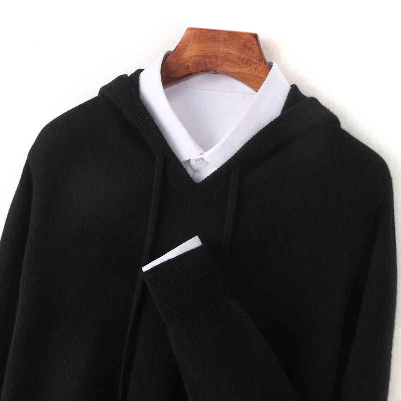 Autumn/Winter Men's Hooded Jumper 100% Merino Wool Knitted Sweatshirt Casual Large Top Long Sleeve Sweater Knitted Top