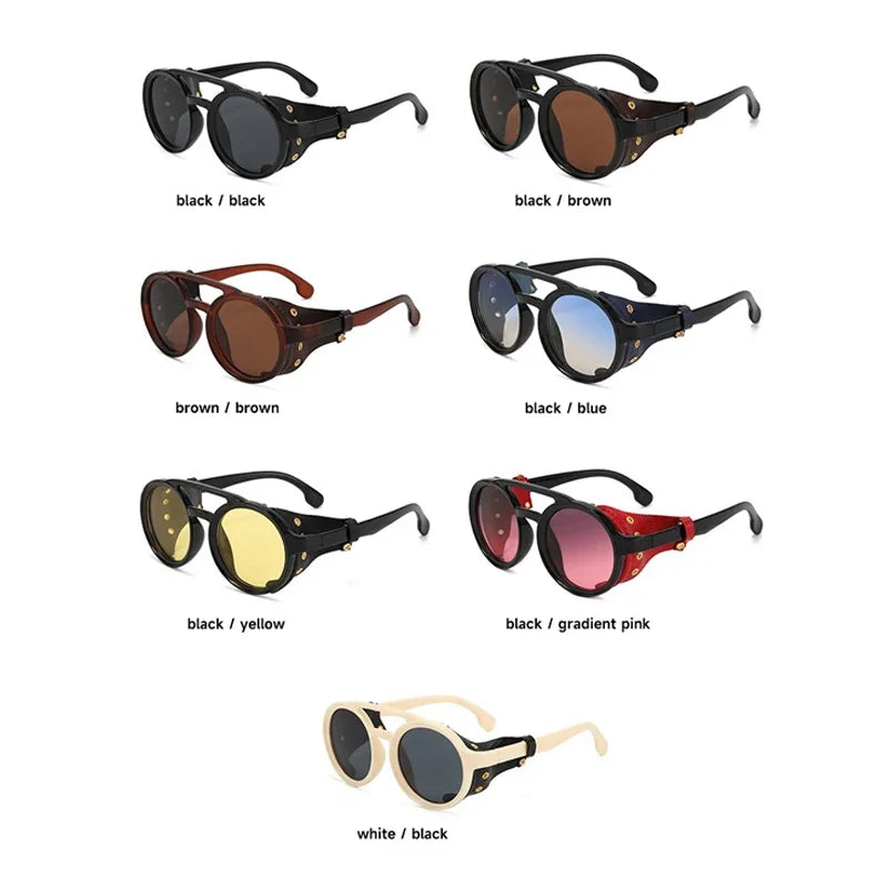 Retro Steampunk Sunglasses Men Women UV400 Round Punk Sun Glasses Vintage Goggles Leather Shades Outdoors Sports Eyewear