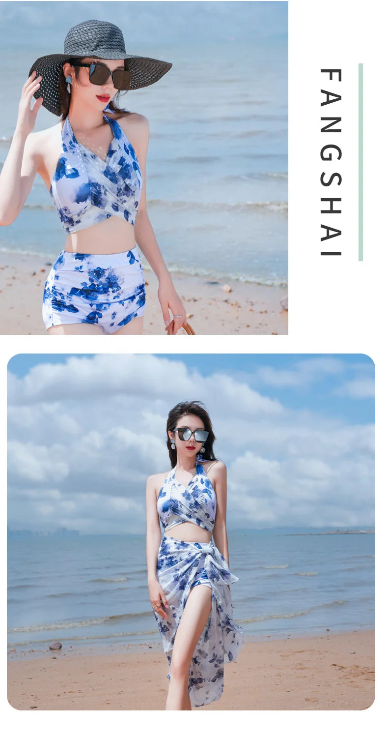 Bikini Sets Women Halter Floral Printed Three Pieces Split Swimsuit Korean Fashion Elegant Beach Style Slim Sexy Hot Girls Soft