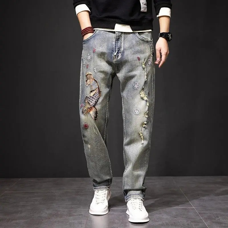 High-End Embroidered Vintage Ripped Denim Jeans Men's Trendy Brand New 2025 Slim Straight Large Size Elastic Long Pants