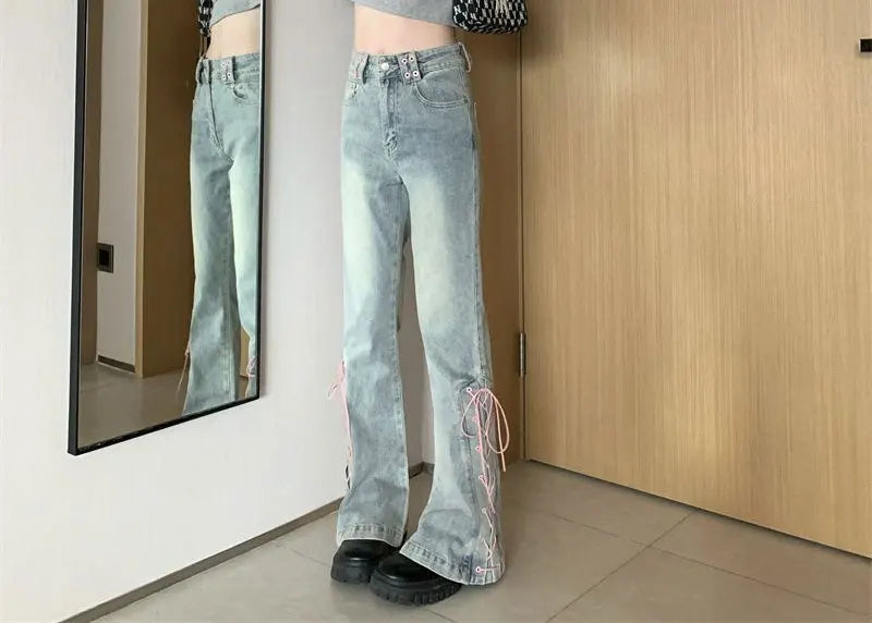 Y2k Pink Fashionable Lace-up Flared Jeans Autumn New High Waist Bootcut Denim Pants Female Clothing Korean Slim Vintage Trousers