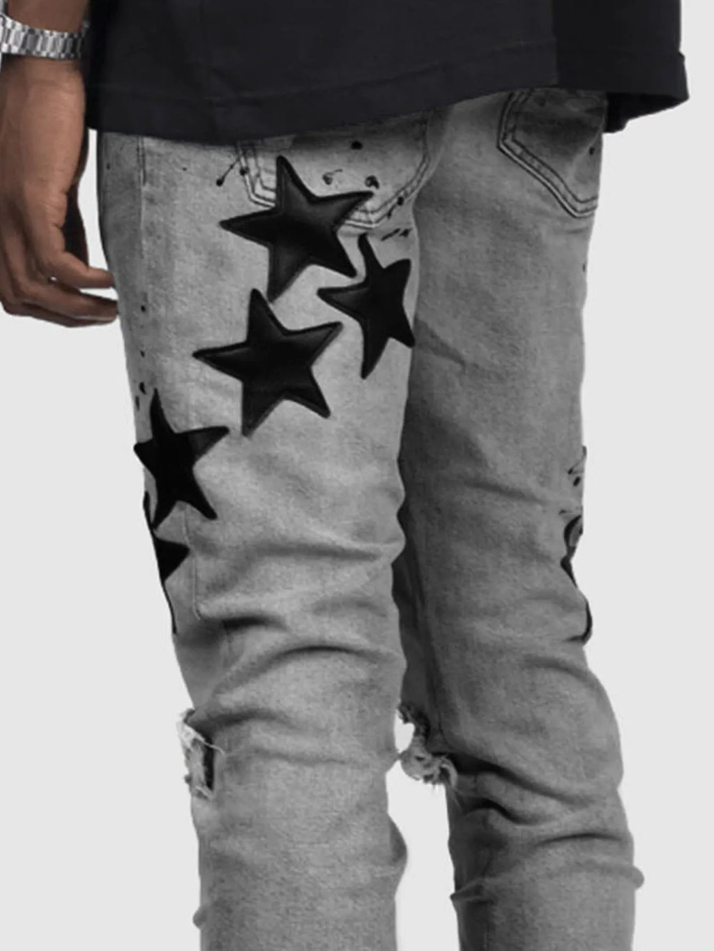 Ripped Men Jeans Denim Pant Star Mid Waist Slim Fit Vintage Wash Punk Style Skinny Pencil Pants Distressed Holes Ankle Length
