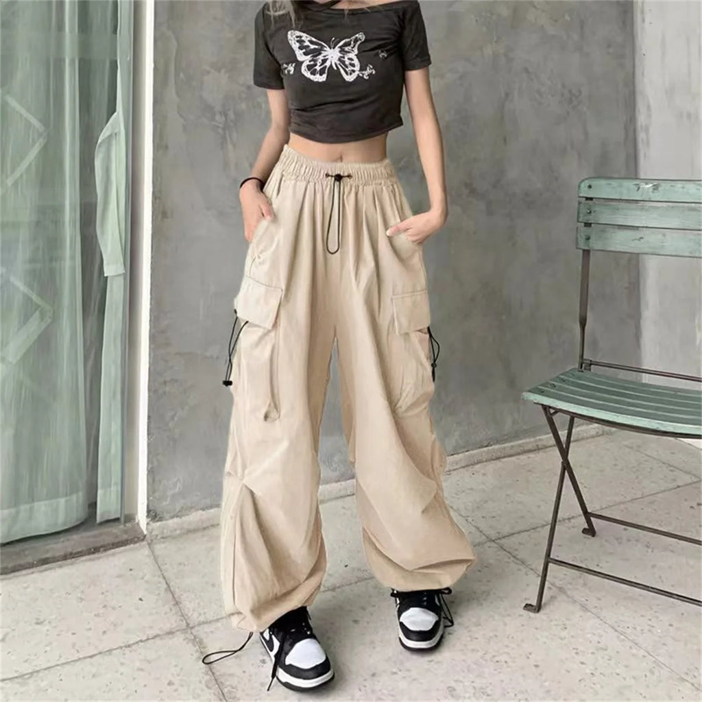 Red Big Pockets Cargo Pants Women High Waist Loose Streetwear Baggy Tactical Trouser Fashion Hip Hop Joggers Trousers Female