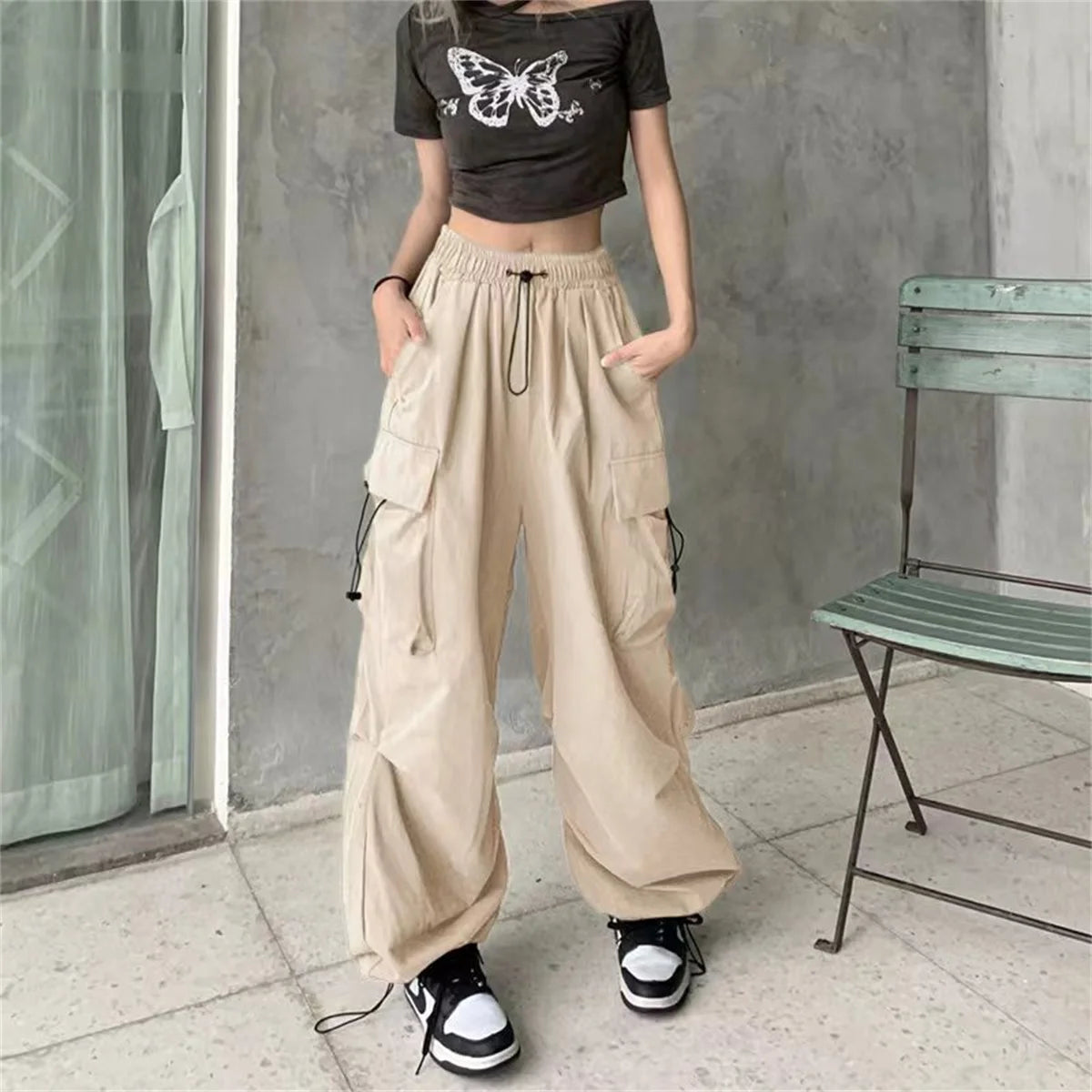 Red Big Pockets Cargo Pants Women High Waist Loose Streetwear Baggy Tactical Trouser Fashion Hip Hop Joggers Trousers Female