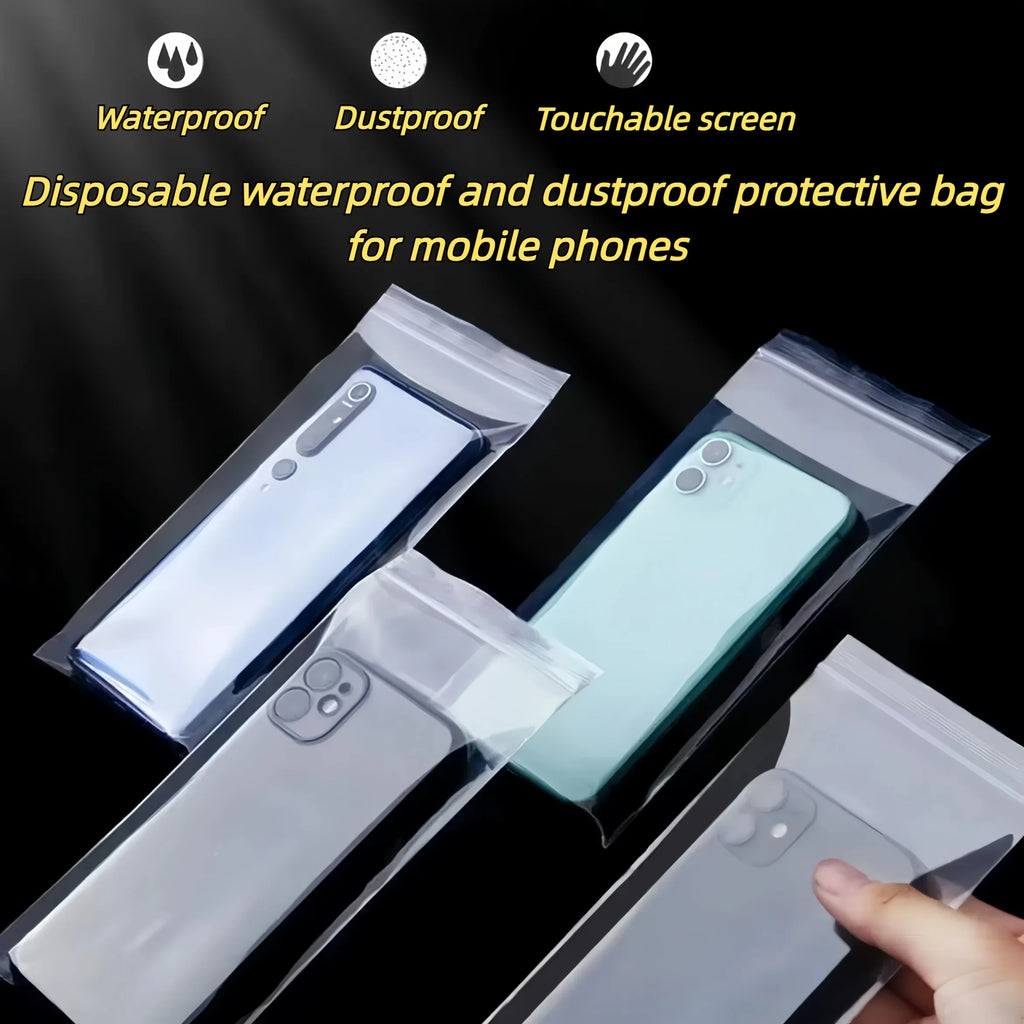 100pcs Transparent Waterproof Phone Bags Self-Sealing Dustproof Disposable Protective Bag for All Phones-Touch Screen Compatible