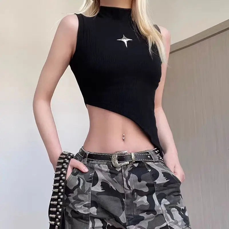 Y2K Crop Knit Top e-girl Women Sleeveless Asymmetrical Hem High Neck Stretchy Fitted Sweater Vest Summer 90s Outfit