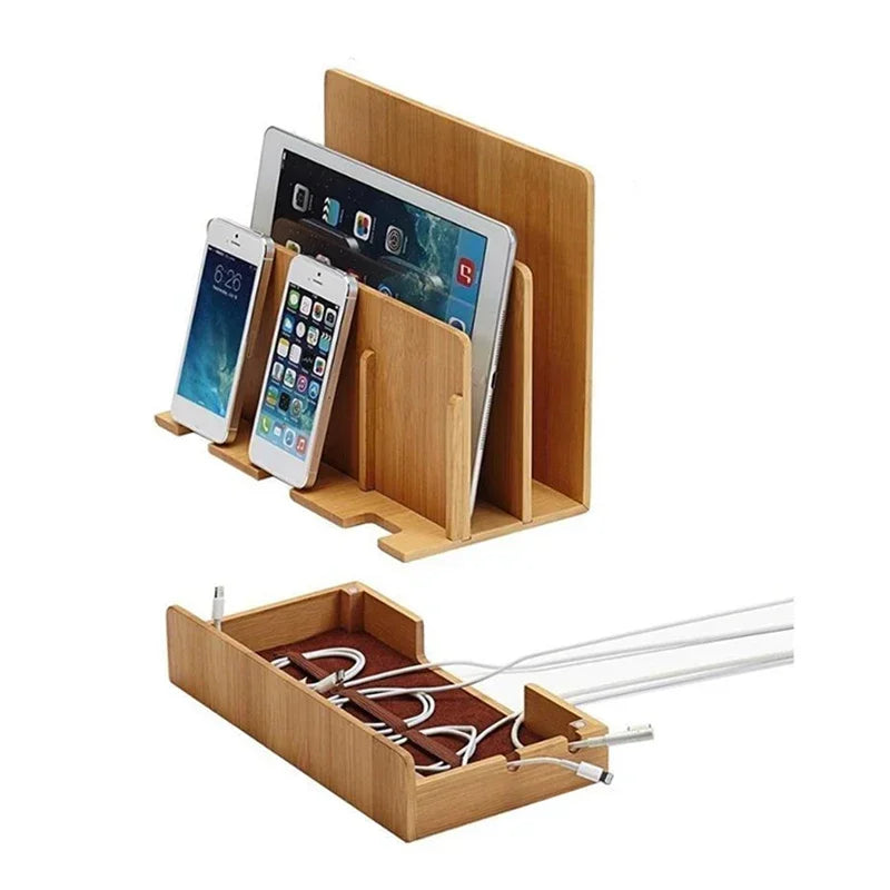 Multi-Function Natural Bamboo Charge Station Charging Dock Cradle Stand Holder Storage Box for Phones Tablet