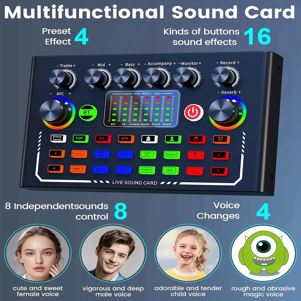F009 Live Sound Card Broadcast quipment,Bluetooth Audio DJ Mixer with Microphone Set Device For Smartphone Live Streaming