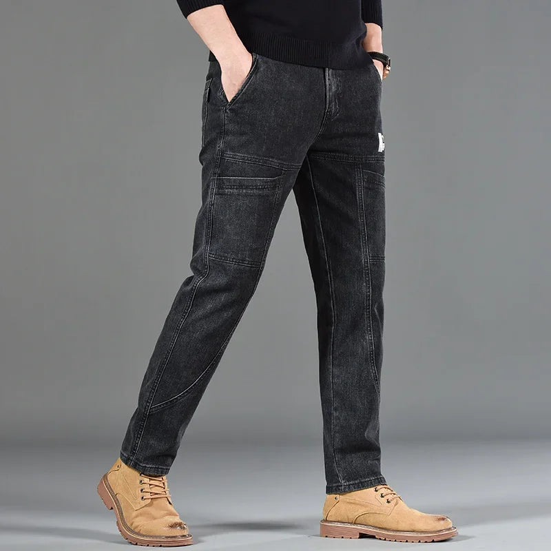 2025 New Style Jeans Men's Slim Fit Korean Style Comfortable Straight Leg Elastic Gray Mid Waist Pants Men's Casual Denim Pants