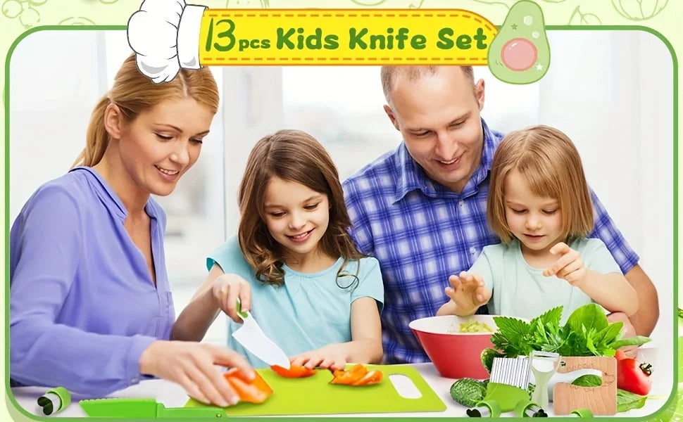 13 pieces Montessori Kitchen Tools Cooking Set - Real Toddler Safe Knives, Crinkle Cutter, Cutting Board - Safe for Real Cooking