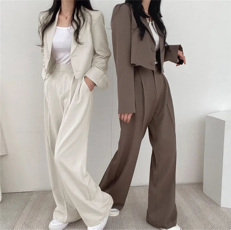 Suit Coat 2 Piece Set Women Blazer Jacket Straight Pants Ensemble Single Breasted Turn Down Collar Trousers Office Lady Outfits