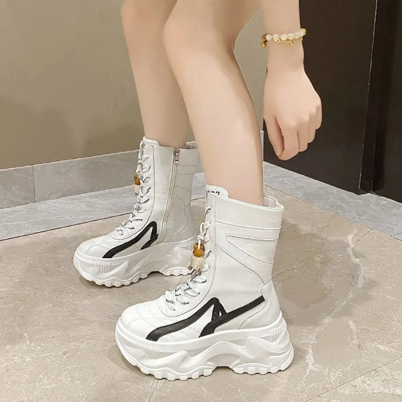 NEW Luxury Chunky Platform White Motorcycle Boots Women Lace Up Thick Bottom Ankle Boots Woman Autumn Fashion Vulcanized Shoes