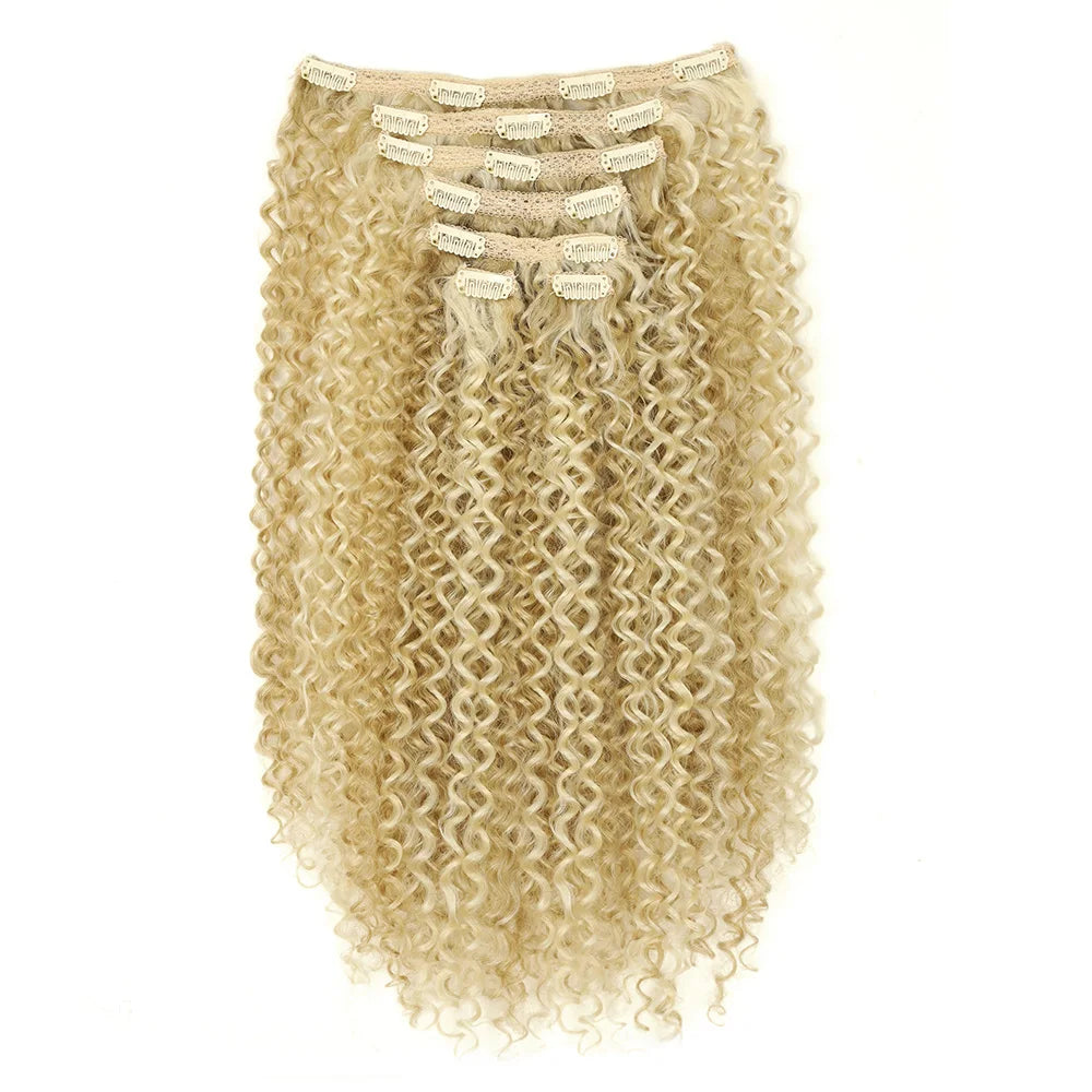 Synthetic Kinky Curly Blonde Hair Extensions Clip Ins for Women Brazilian Remy Hair Extensions 7Pcs with 24 Clips Natural Blonde