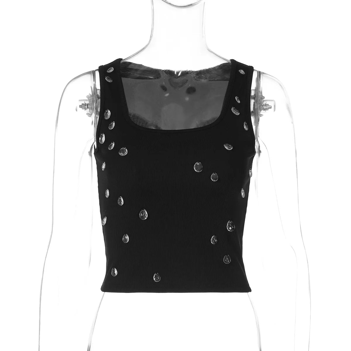 Summer Ribbed Sleeveless Water Droplets Diamond Decorated White Tank Women Sexy Bodycon Crop Tops Y2k Vintage Tops Streetwear