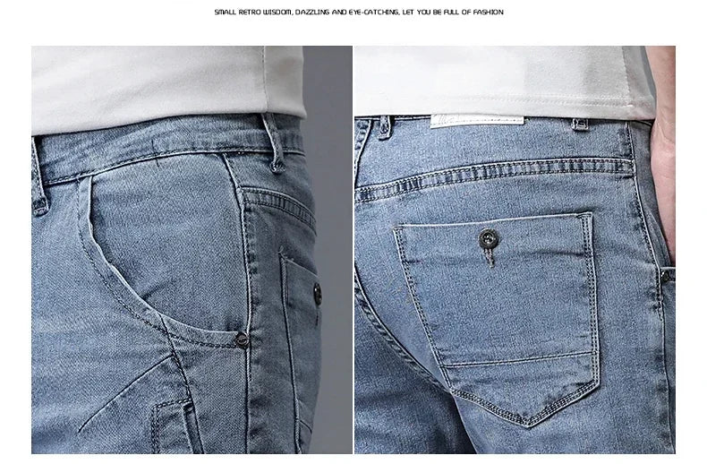 2024 New Men's Skinny Jeans Blue Gray Cotton Elasticity Straight Pencil Foot Slim Fit Fashionable Casual Denim Long Pants Male