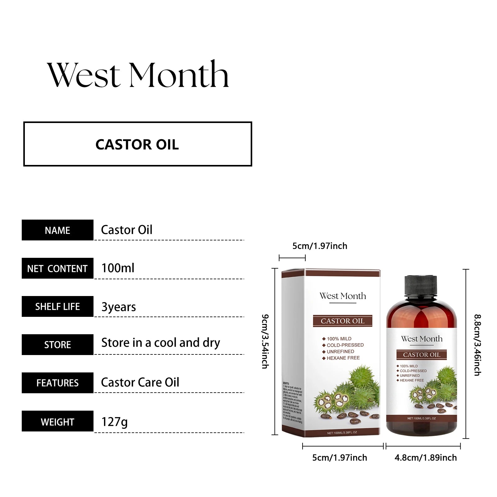 100ml Organic Castor Oil,Cold Pressed Unrefined Essential Oil For Hair Care Eyelash & Nail Growth Moisturizes Skin Hair Smoother