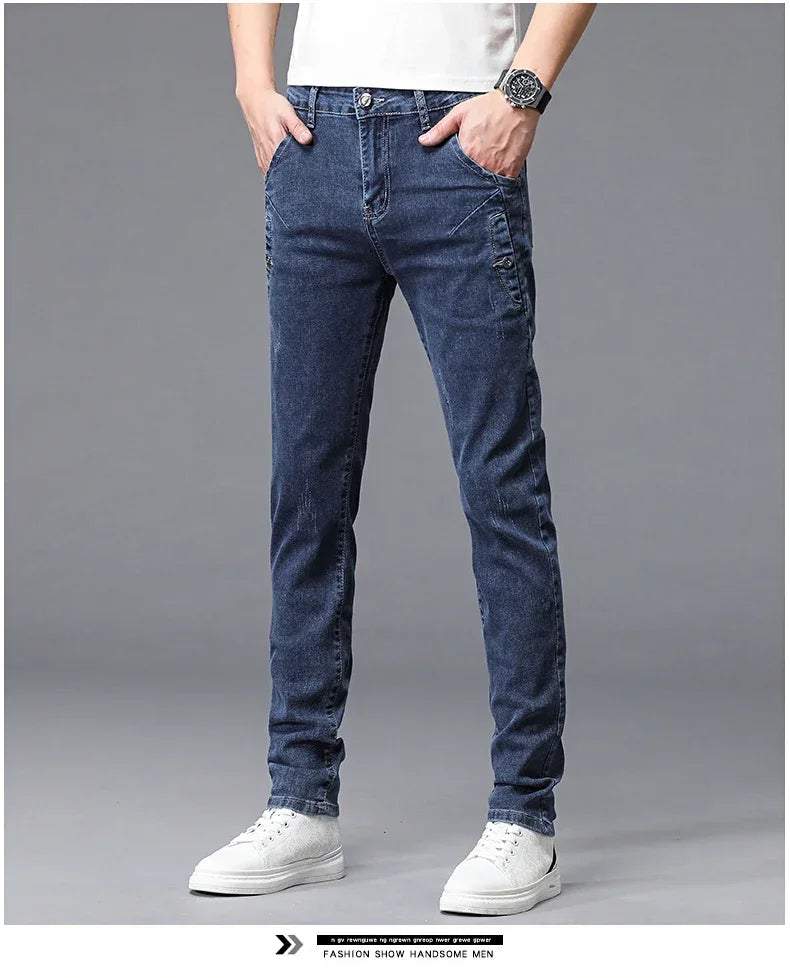 2024 New Men's Skinny Jeans Blue Gray Cotton Elasticity Straight Pencil Foot Slim Fit Fashionable Casual Denim Long Pants Male
