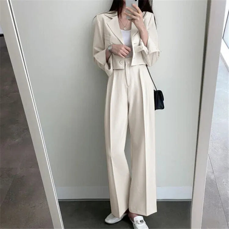 Suit Coat 2 Piece Set Women Blazer Jacket Straight Pants Ensemble Single Breasted Turn Down Collar Trousers Office Lady Outfits
