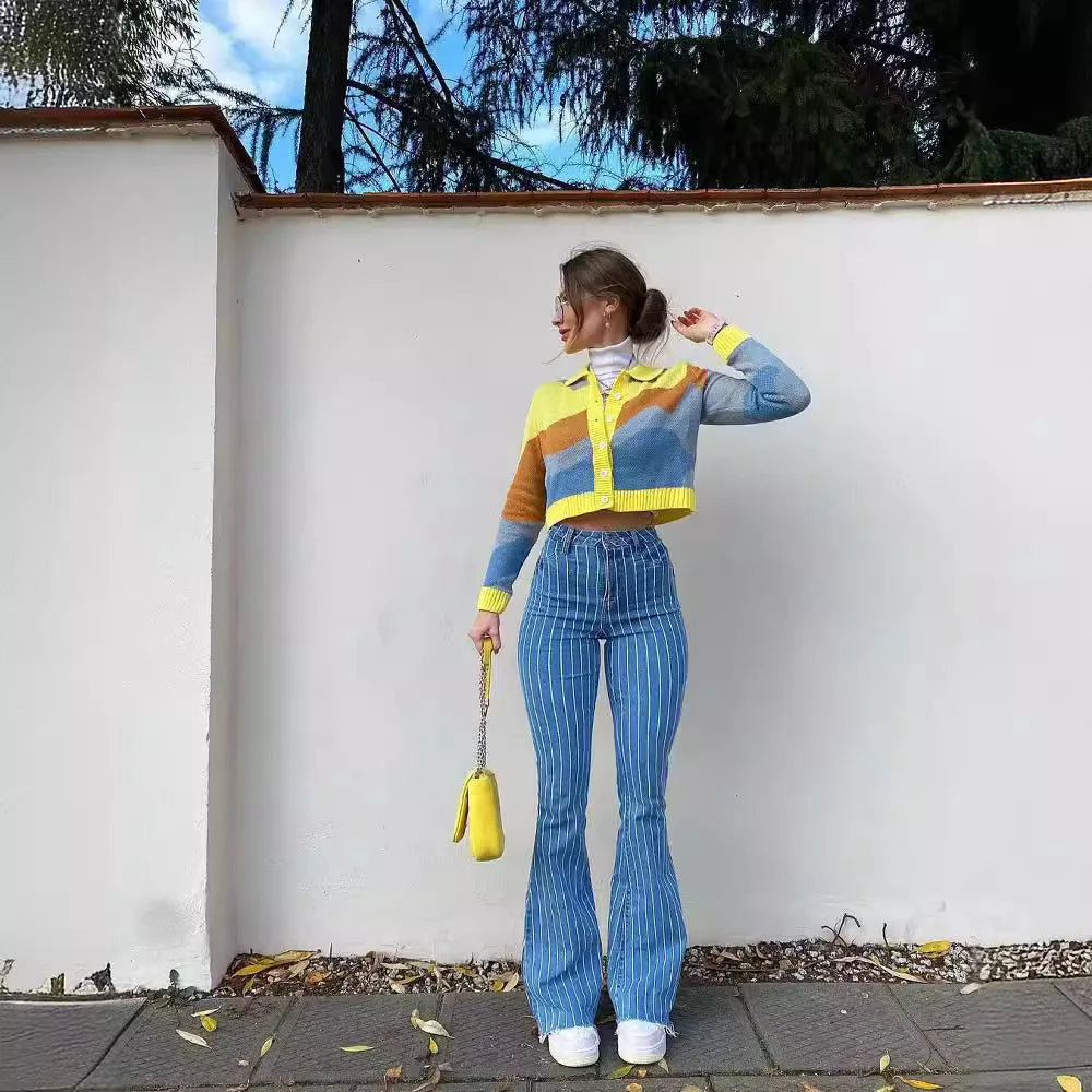 American Style Retro High-waisted Striped Skinny Jeans Female New Autumn Spice Girl Slimming Microhorn  Long Pants Jeans Y2k