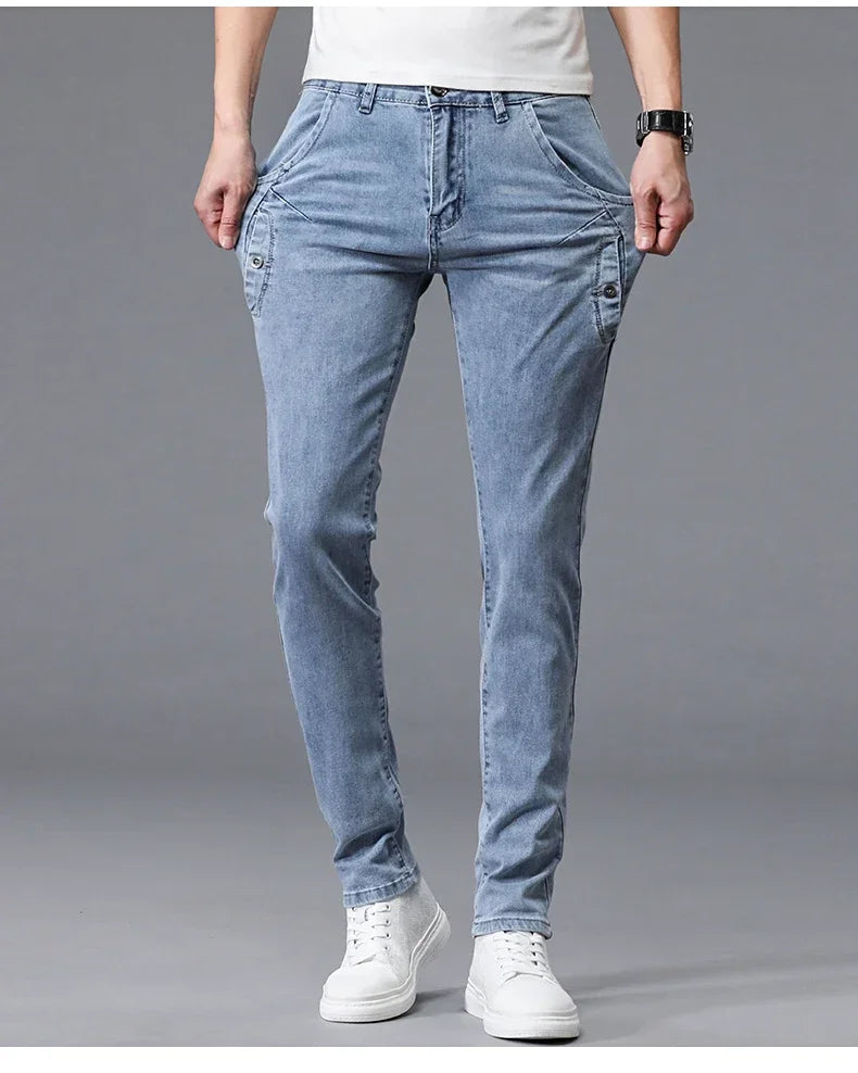 2024 New Men's Skinny Jeans Blue Gray Cotton Elasticity Straight Pencil Foot Slim Fit Fashionable Casual Denim Long Pants Male