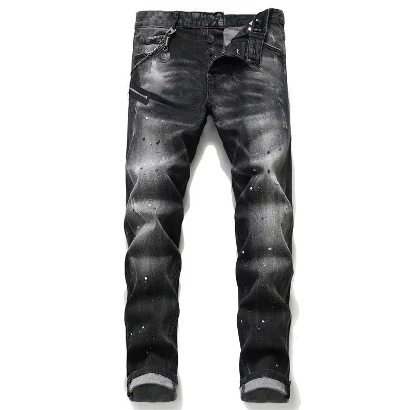 Men Black Ripped Denim Jeans Italian High Street Style Holes Jeans Denim Pants High Quality Male Slim Fit Denim Trousers Size 38