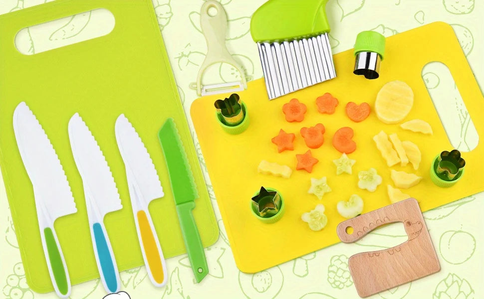 13 pieces Montessori Kitchen Tools Cooking Set - Real Toddler Safe Knives, Crinkle Cutter, Cutting Board - Safe for Real Cooking