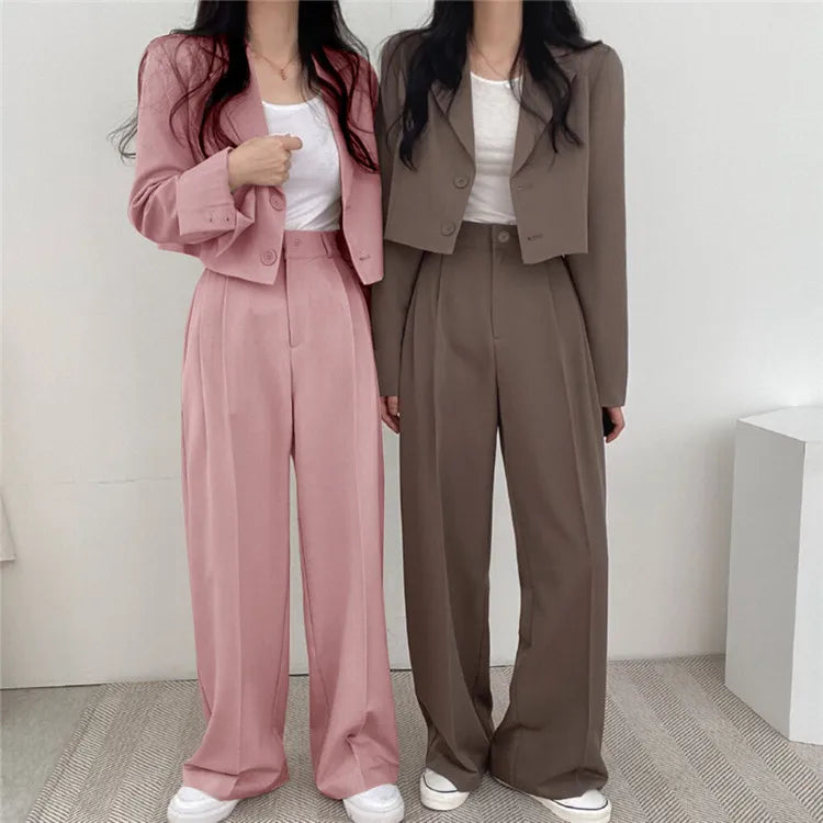 Suit Coat 2 Piece Set Women Blazer Jacket Straight Pants Ensemble Single Breasted Turn Down Collar Trousers Office Lady Outfits