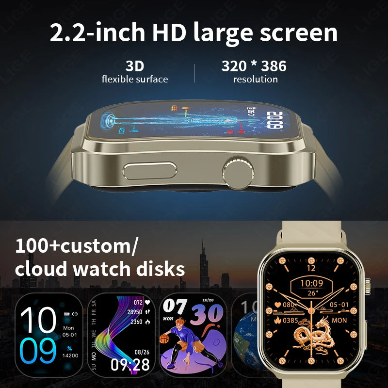 LIGE New AI Healthy Diagnose Smart Watch 2.2" Curved Screen Women Men Blood Lipid Uric Acid Heart Rate Health Tracker Smartwatch