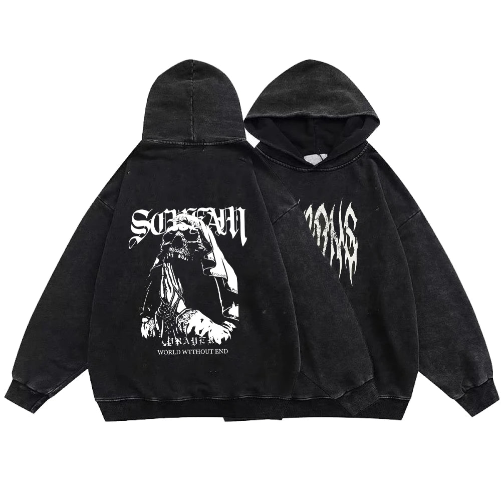 Gothic Style Hoodies Vintage Washed Letter Cross Y2K Sweatshirts Hip Hop Streetwear Long Sleeve Pullover Oversized Harajuku Tops